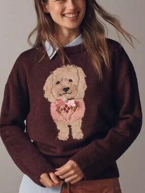 Anthropologie Maeve Crew-Neck Dog Icon Pullover Sweater Wine Lab Puppy S NWT
